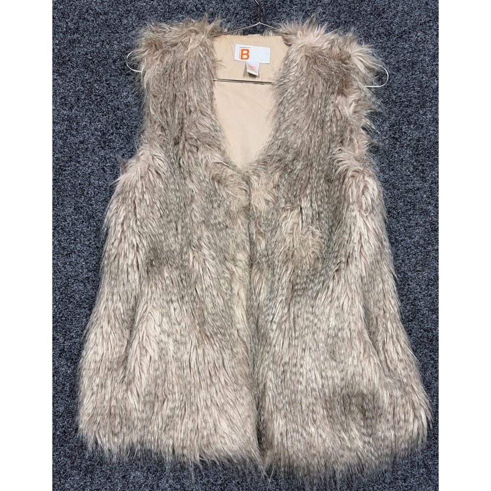 Bernardo Faux Fur Vest Womens XS Tan Grey Shaggy Hook Closure Boho Glam Chic